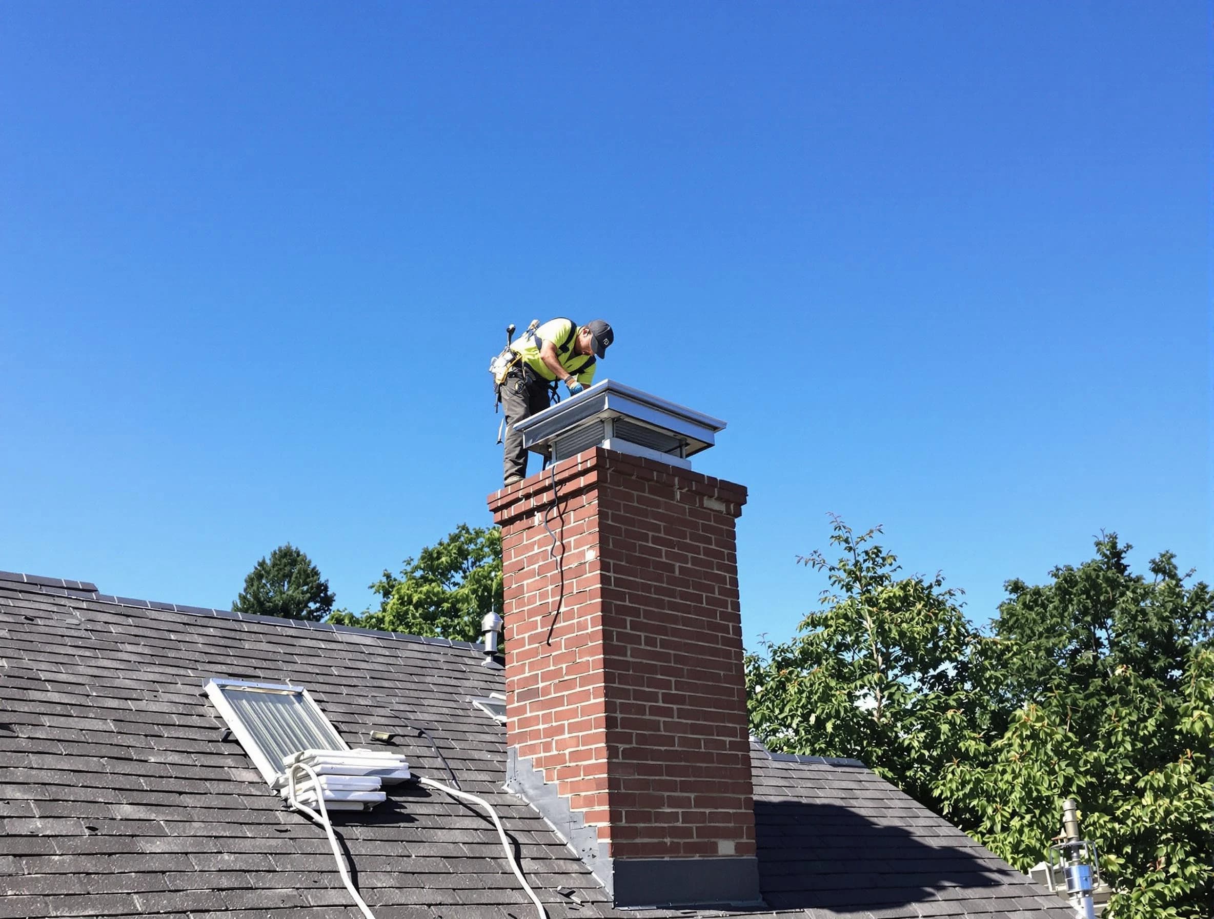 Marietta Chimney Sweep technician measuring a chimney cap in Marietta, GA